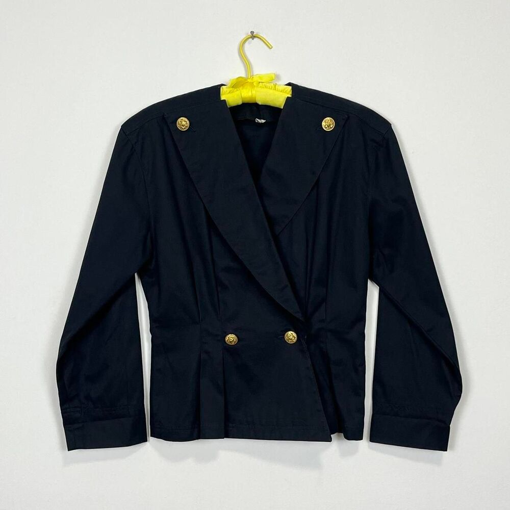 Vintage 80s Black Military Style Blazer Jacket Gold Button Double Breasted Sz 8